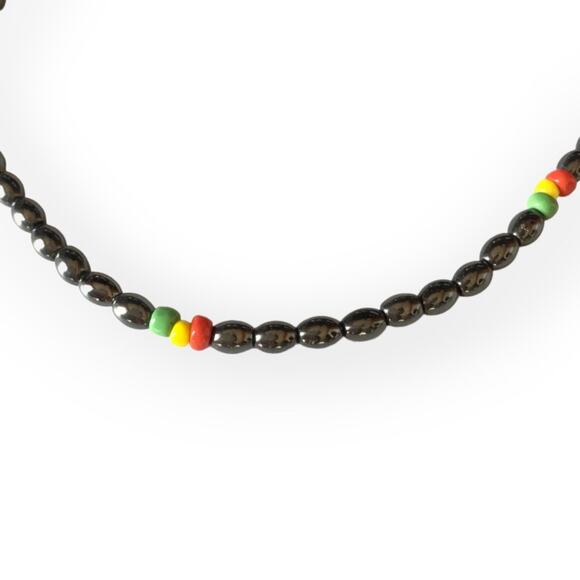 Hematite beaded necklace with red yellow green color pops - Picture 1 of 5